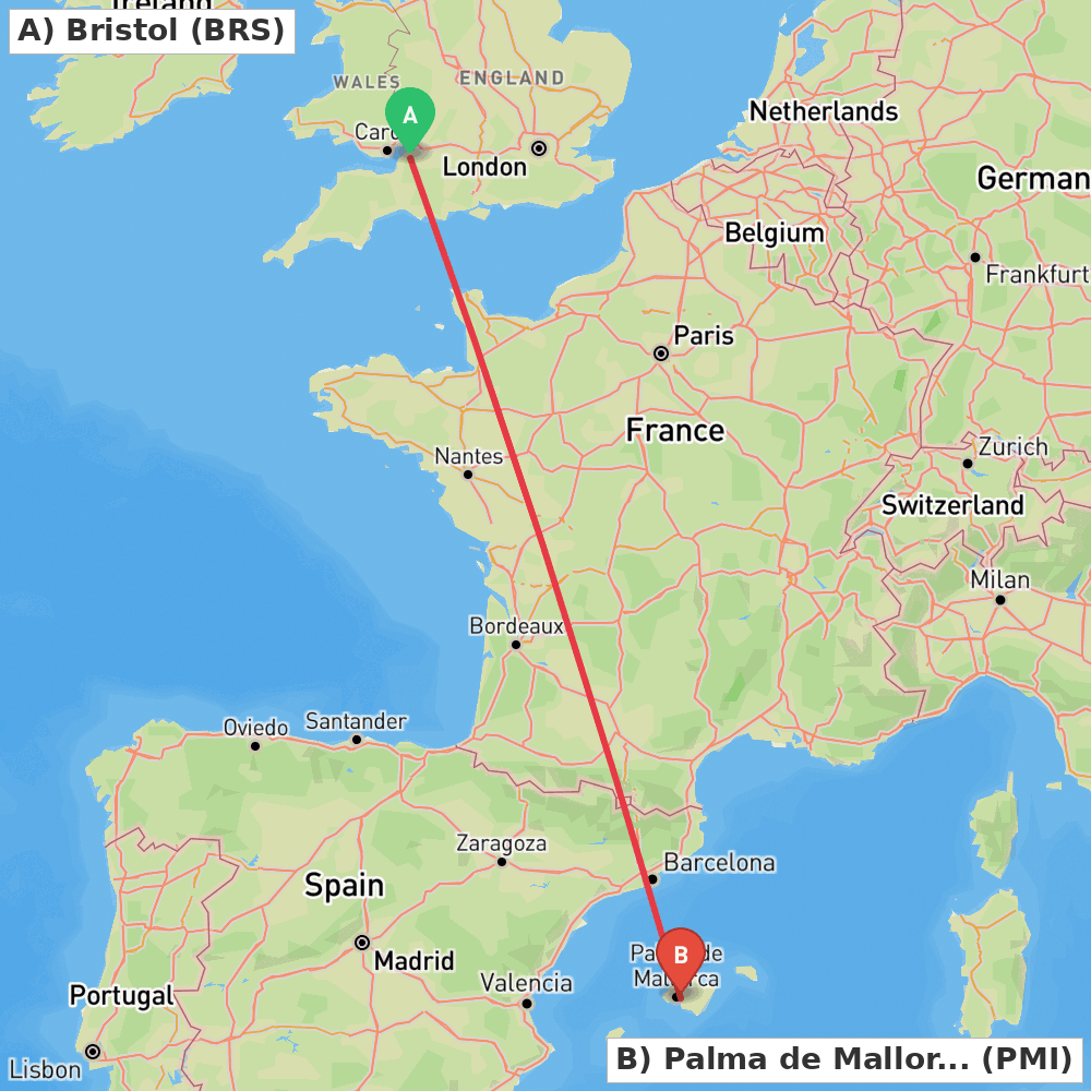 Flight route map from Bristol to Palma de Mallorca