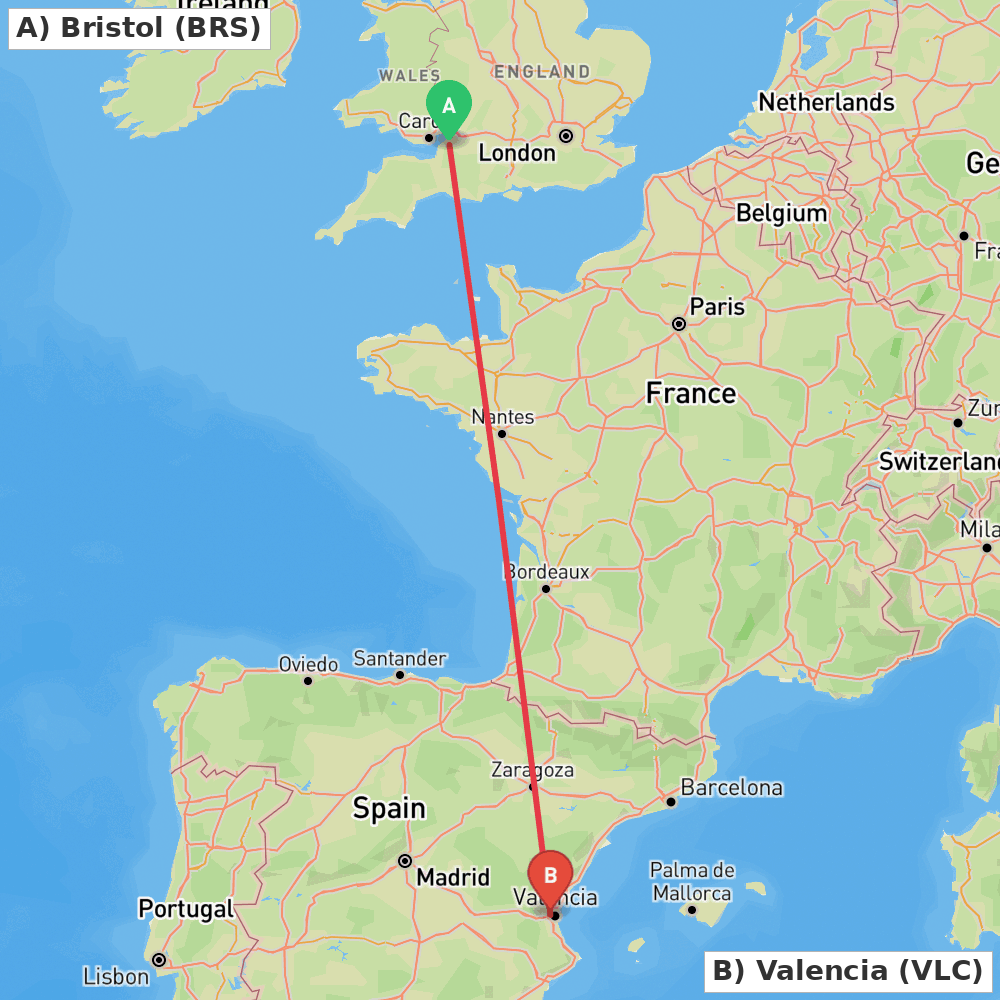 Flight route map from Bristol to Valencia