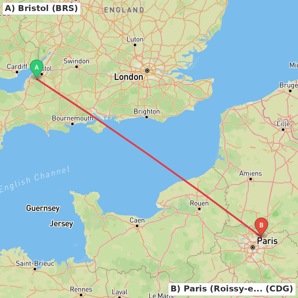 Flight route map from Bristol to Paris (Roissy-en-France, Val-d'Oise)