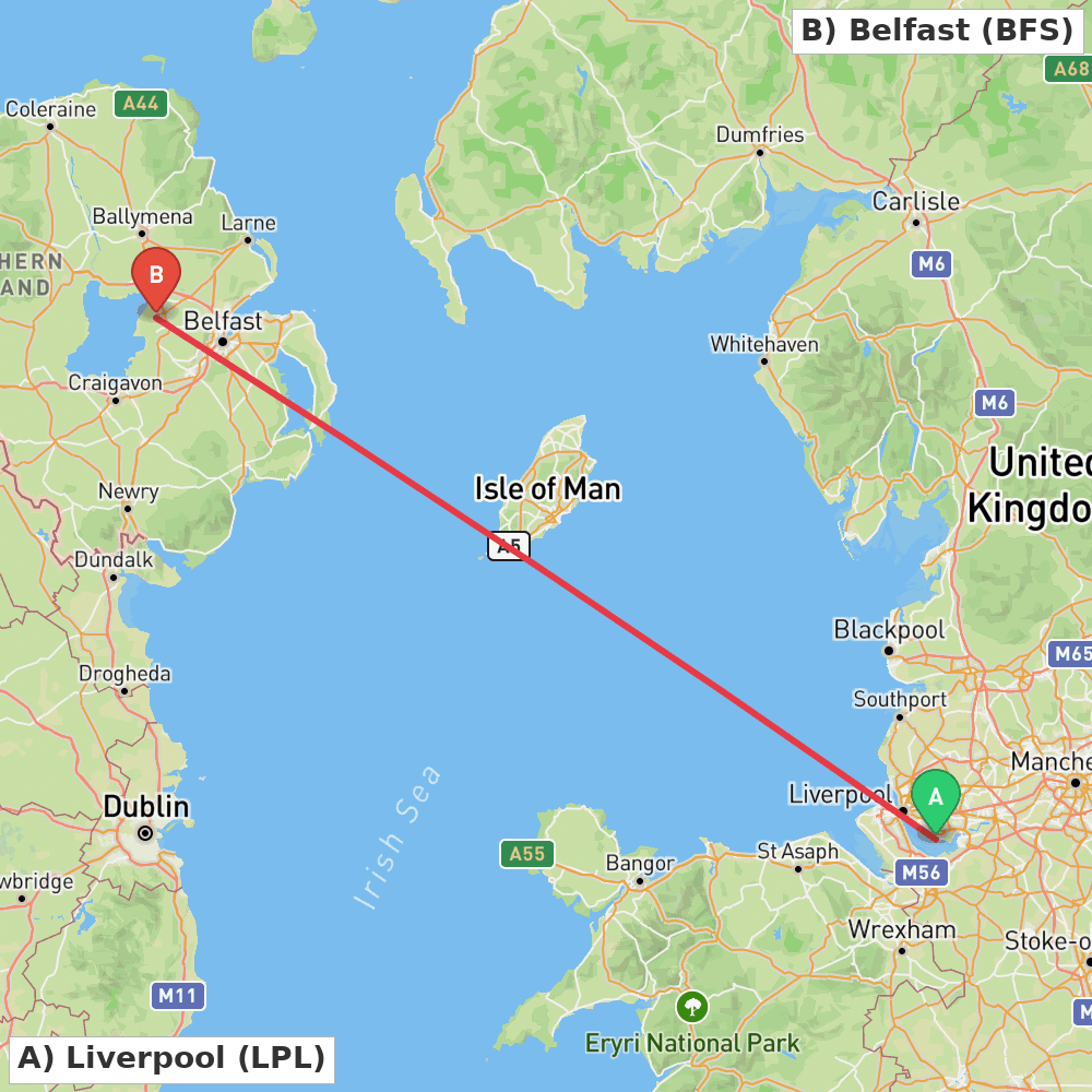 Flight route map from Liverpool to Belfast