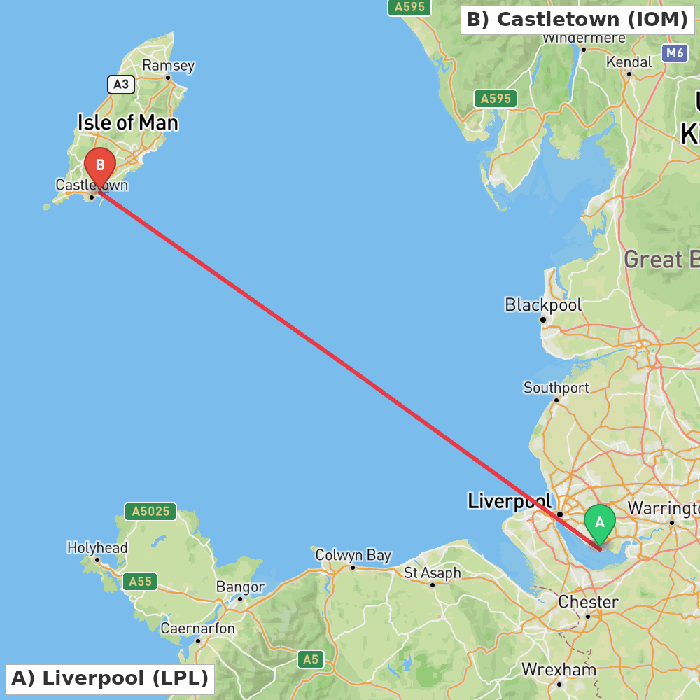 Flight route map from Liverpool to Castletown