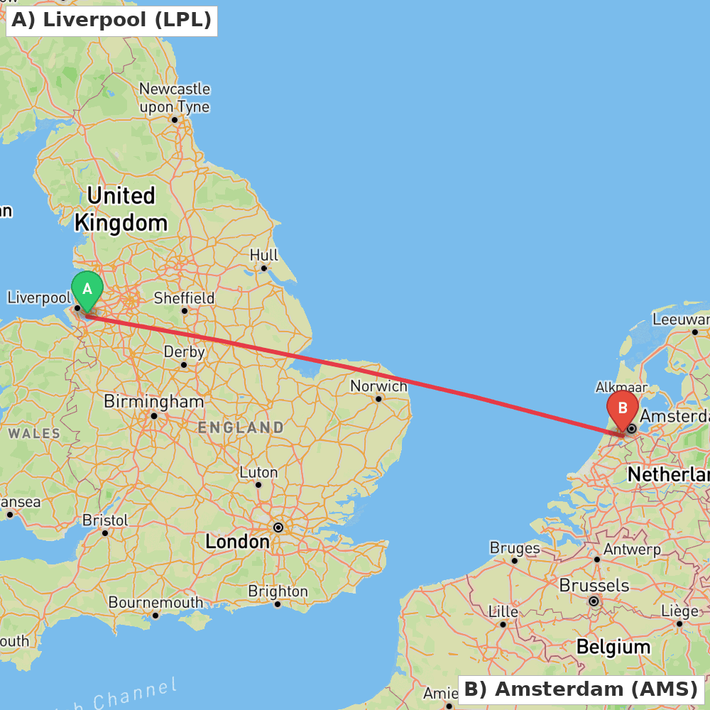 Flight route map from Liverpool to Amsterdam