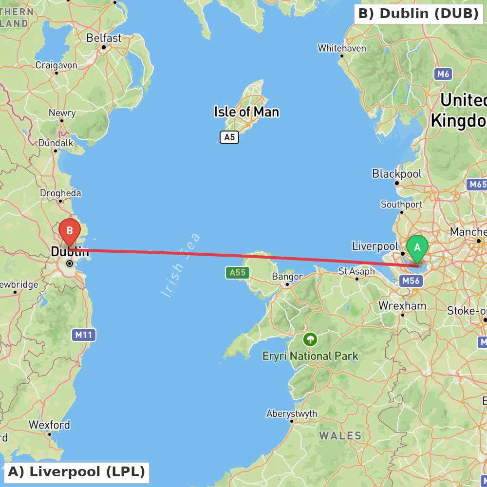 Flight route map from Liverpool to Dublin