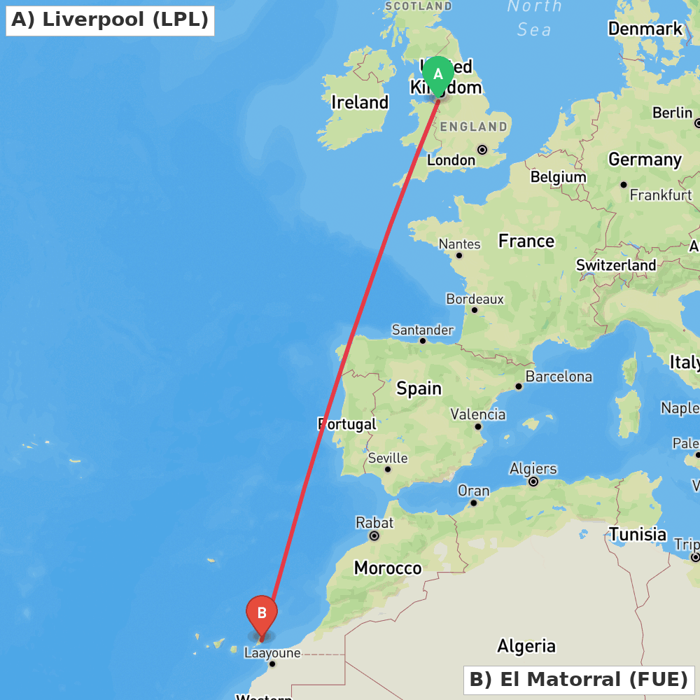 Flight route map from Liverpool to El Matorral