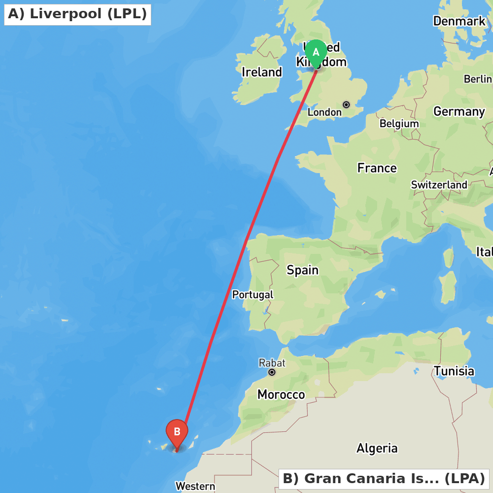 Flight route map from Liverpool to Gran Canaria Island