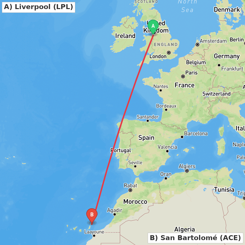 Flight route map from Liverpool to San Bartolomé