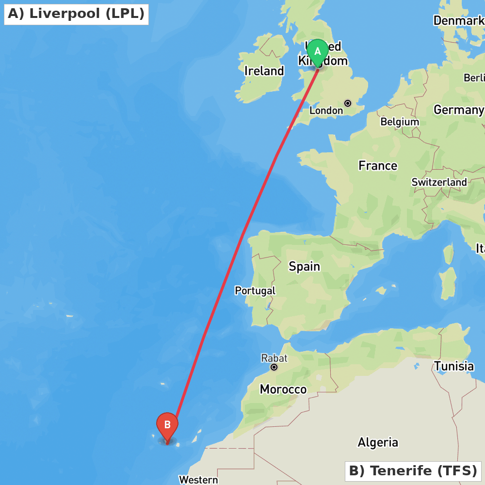 Flight route map from Liverpool to Tenerife