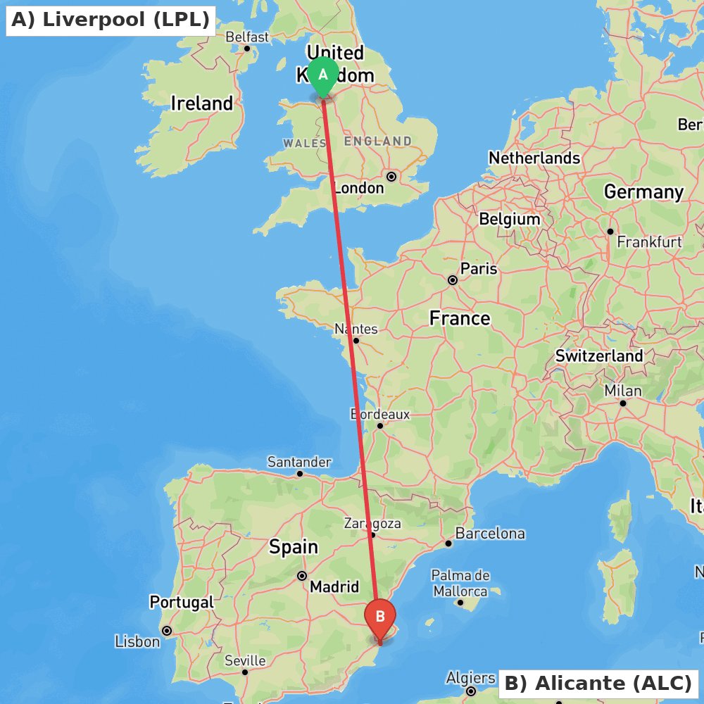Flight route map from Liverpool to Alicante