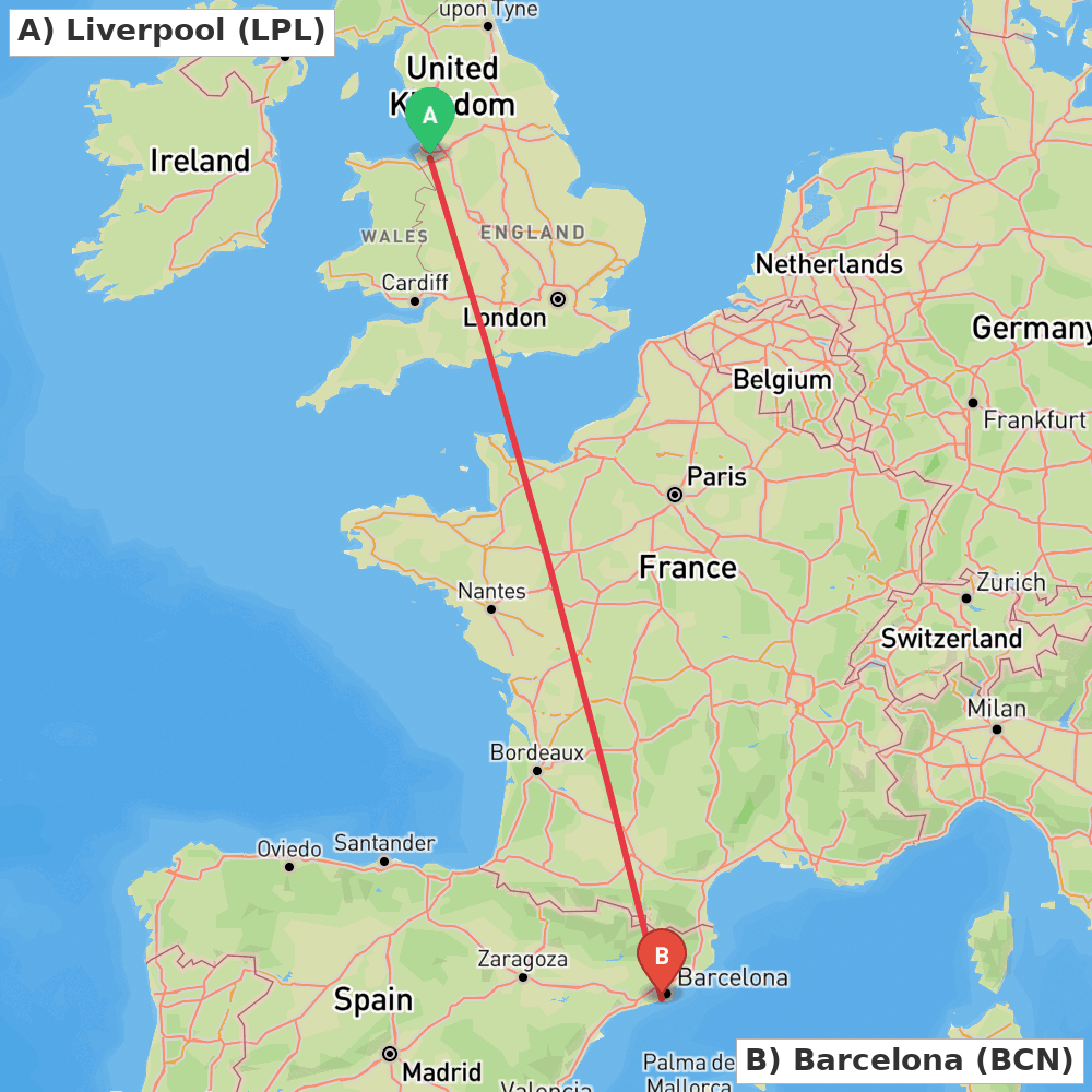Flight route map from Liverpool to Barcelona