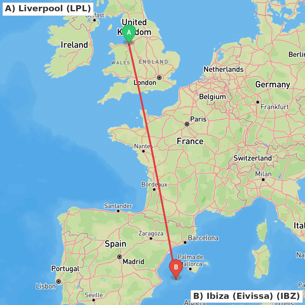 Flight route map from Liverpool to Ibiza (Eivissa)