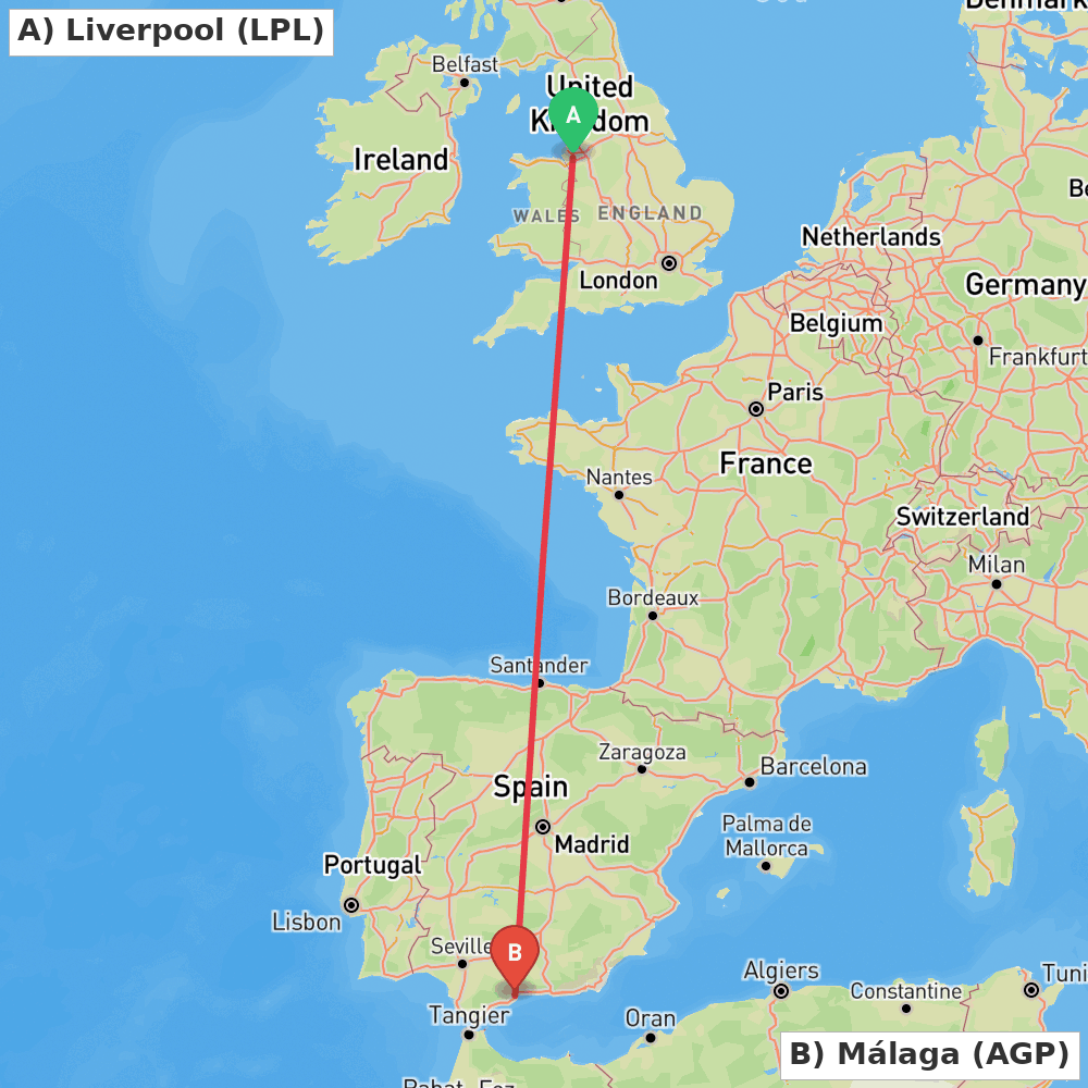 Flight route map from Liverpool to Málaga