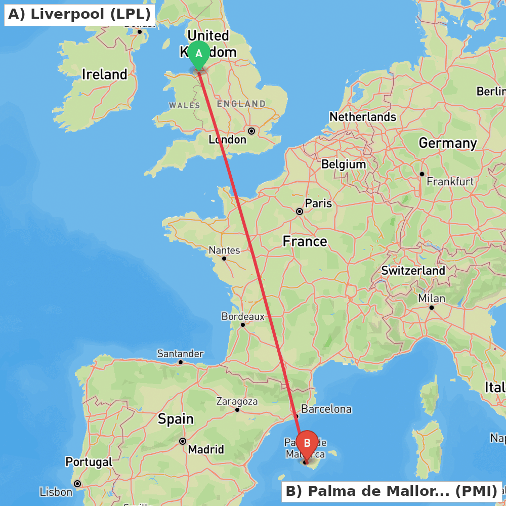 Flight route map from Liverpool to Palma de Mallorca
