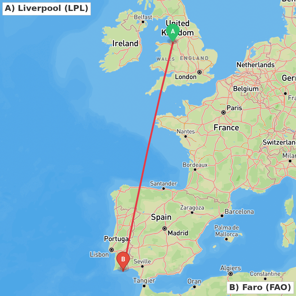 Flight route map from Liverpool to Faro