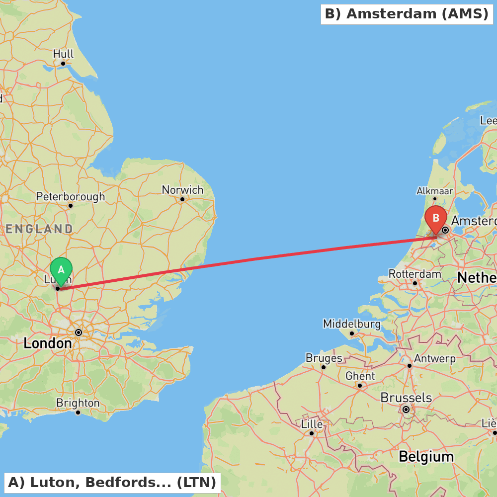 Flight route map from Luton, Bedfordshire to Amsterdam