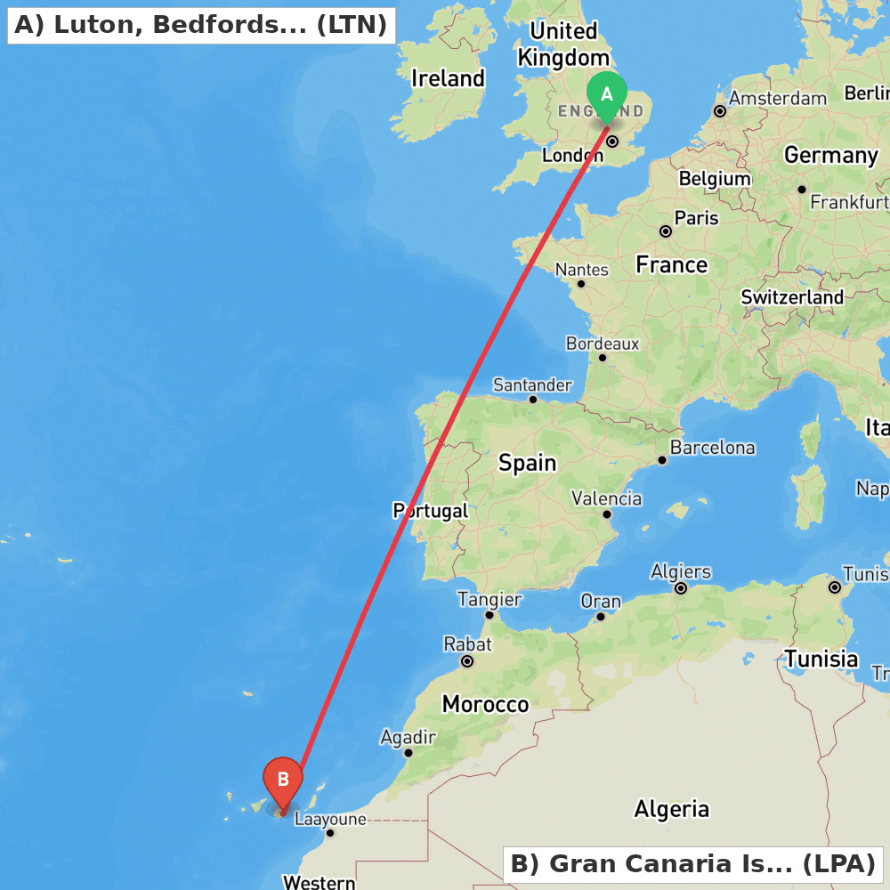 Flight route map from Luton, Bedfordshire to Gran Canaria Island
