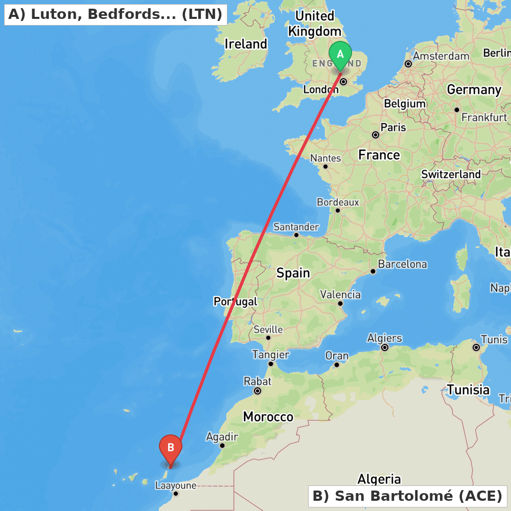 Flight route map from Luton, Bedfordshire to San Bartolomé