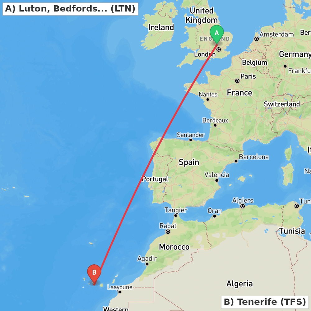 Flight route map from Luton, Bedfordshire to Tenerife