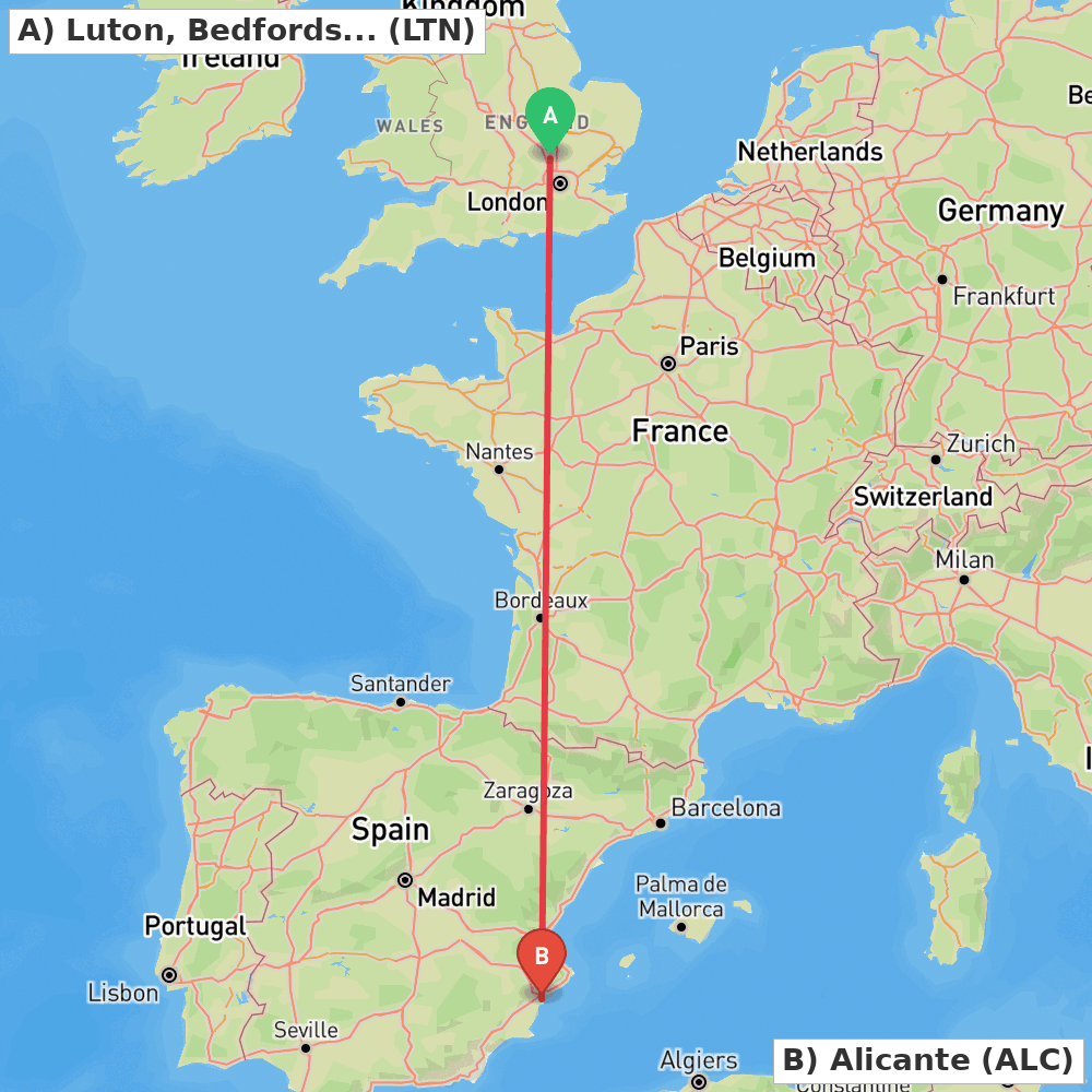 Flight route map from Luton, Bedfordshire to Alicante