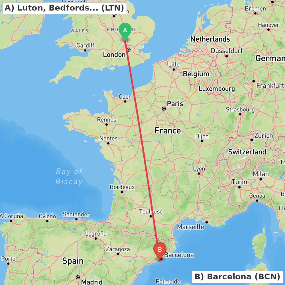 Flight route map from Luton, Bedfordshire to Barcelona