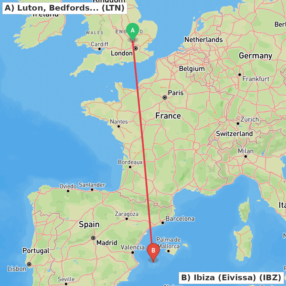 Flight route map from Luton, Bedfordshire to Ibiza (Eivissa)