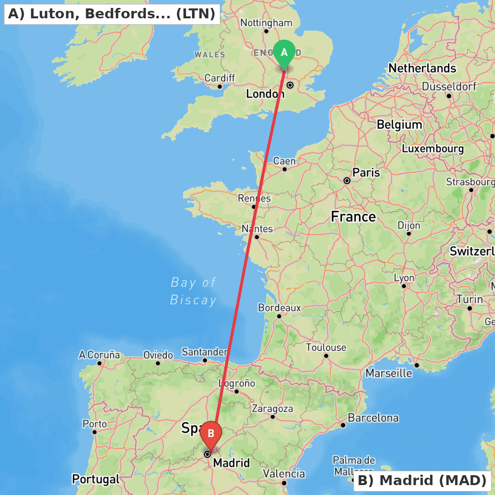 Flight route map from Luton, Bedfordshire to Madrid