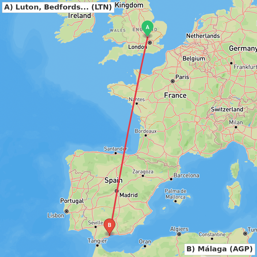 Flight route map from Luton, Bedfordshire to Málaga