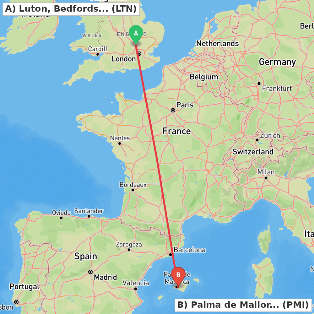 Flight route map from Luton, Bedfordshire to Palma de Mallorca
