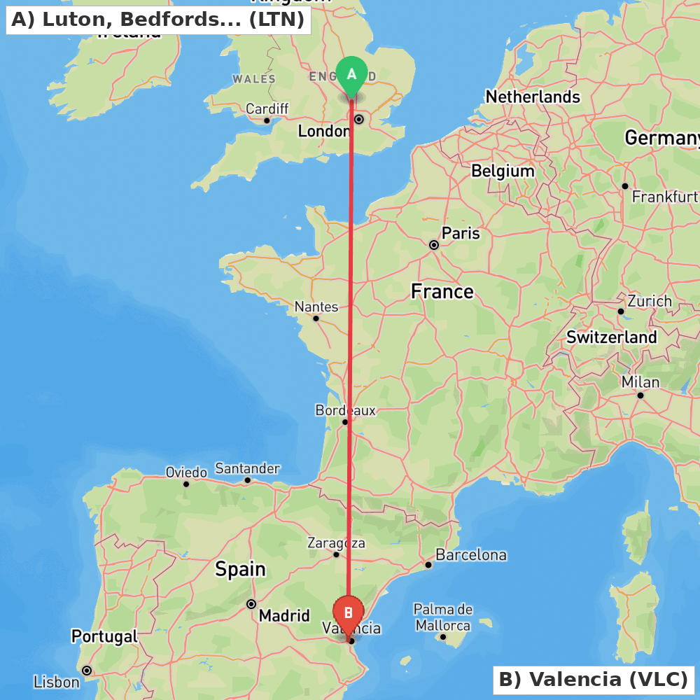 Flight route map from Luton, Bedfordshire to Valencia