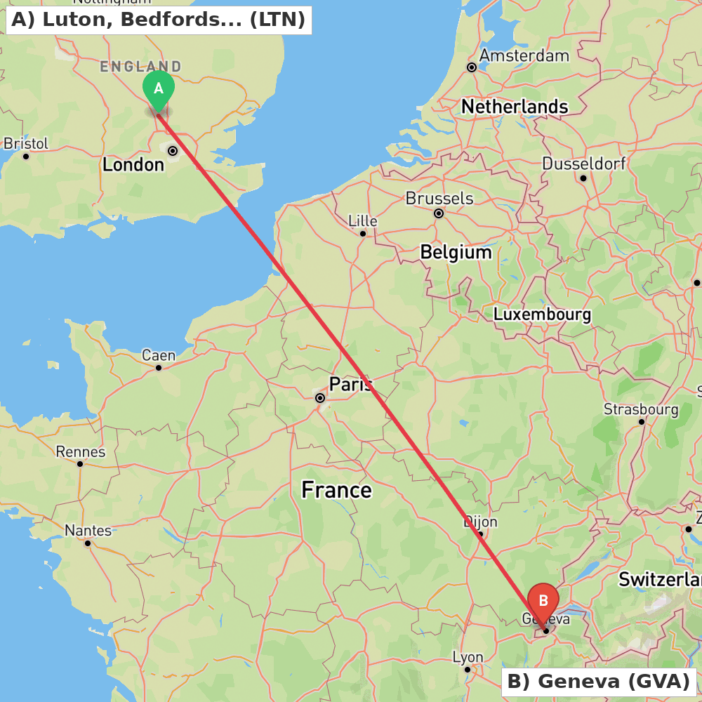 Flight route map from Luton, Bedfordshire to Geneva