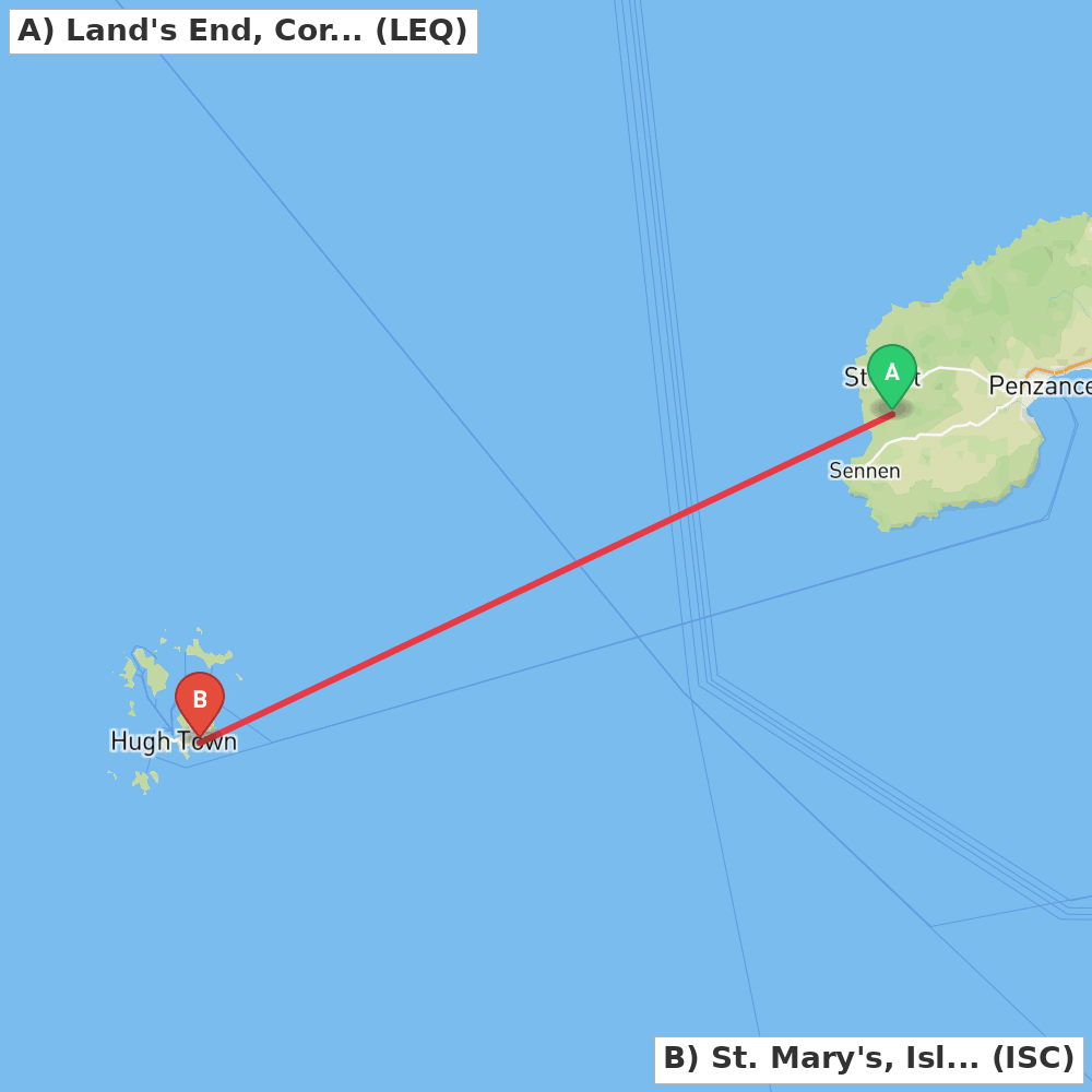Flight route map from Land's End, Cornwall to St. Mary's, Isles of Scilly