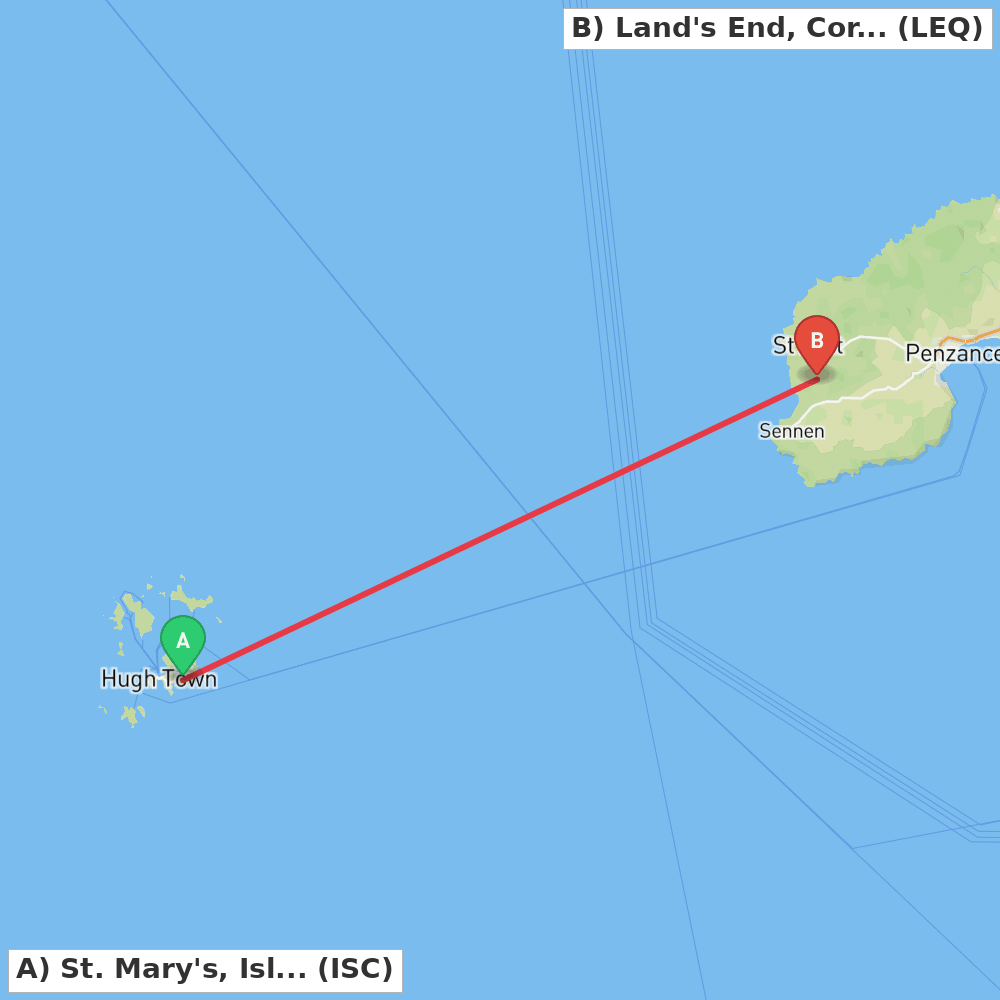 Flight route map from St. Mary's, Isles of Scilly to Land's End, Cornwall