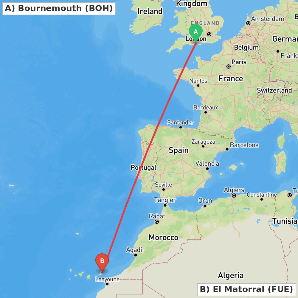Flight route map from Bournemouth to El Matorral
