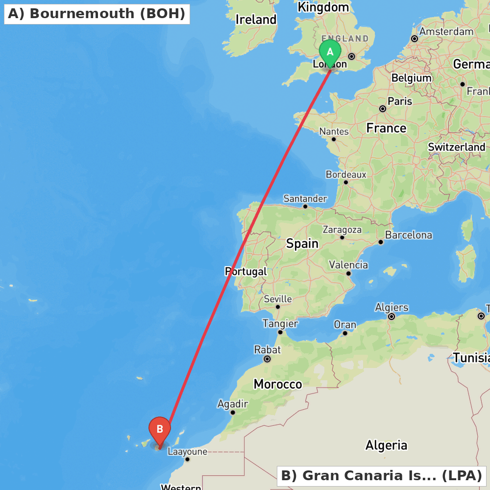 Flight route map from Bournemouth to Gran Canaria Island