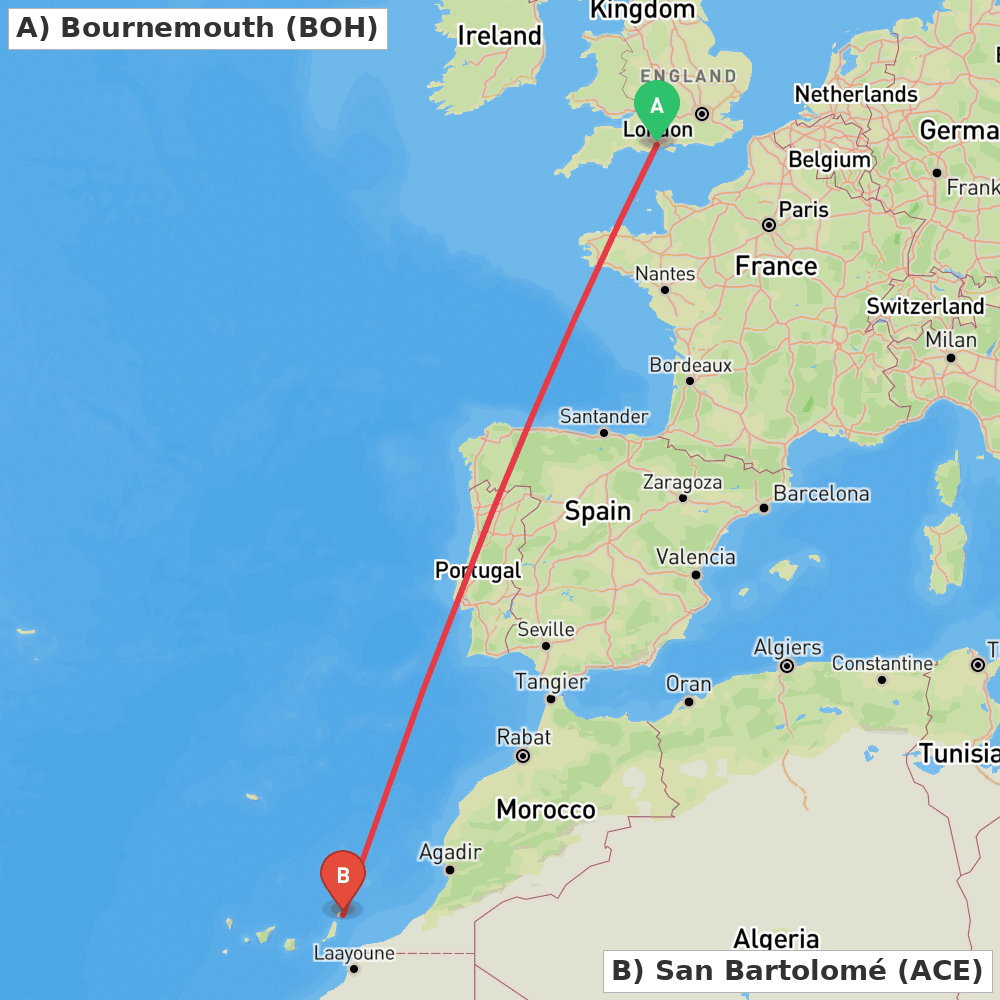 Flight route map from Bournemouth to San Bartolomé