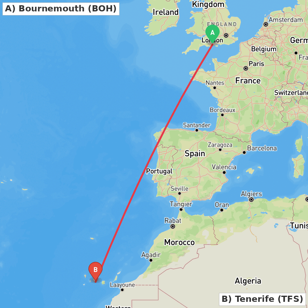 Flight route map from Bournemouth to Tenerife