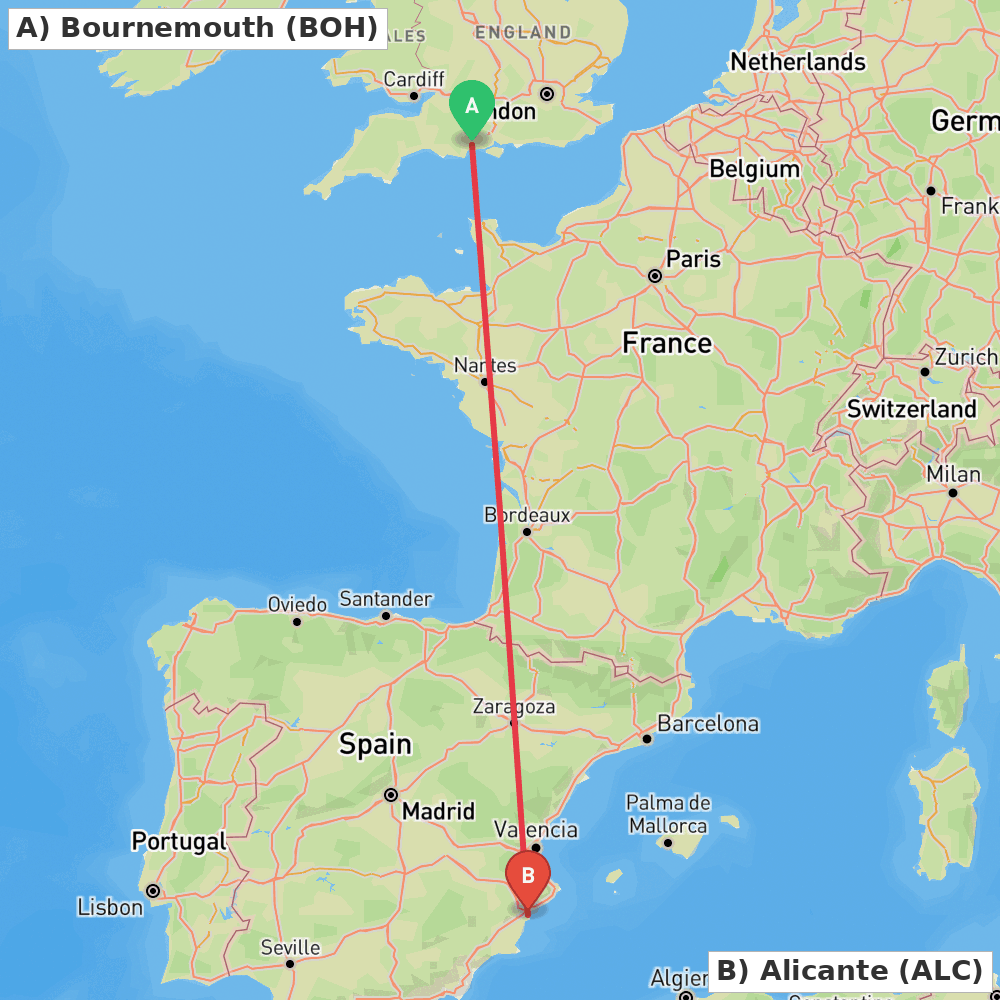 Flight route map from Bournemouth to Alicante