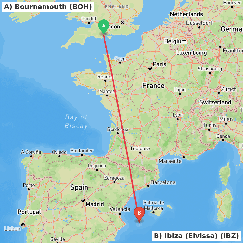 Flight route map from Bournemouth to Ibiza (Eivissa)