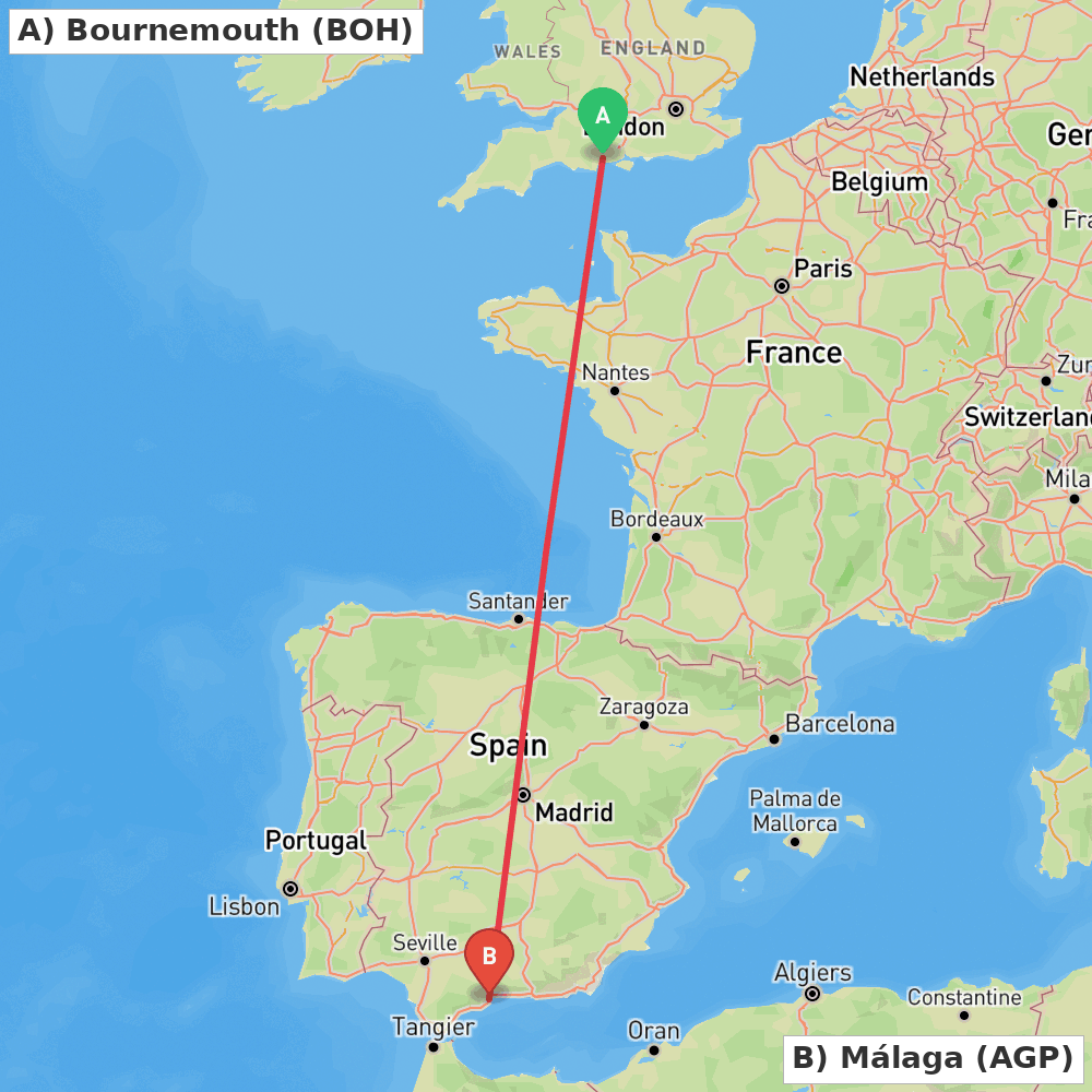 Flight route map from Bournemouth to Málaga