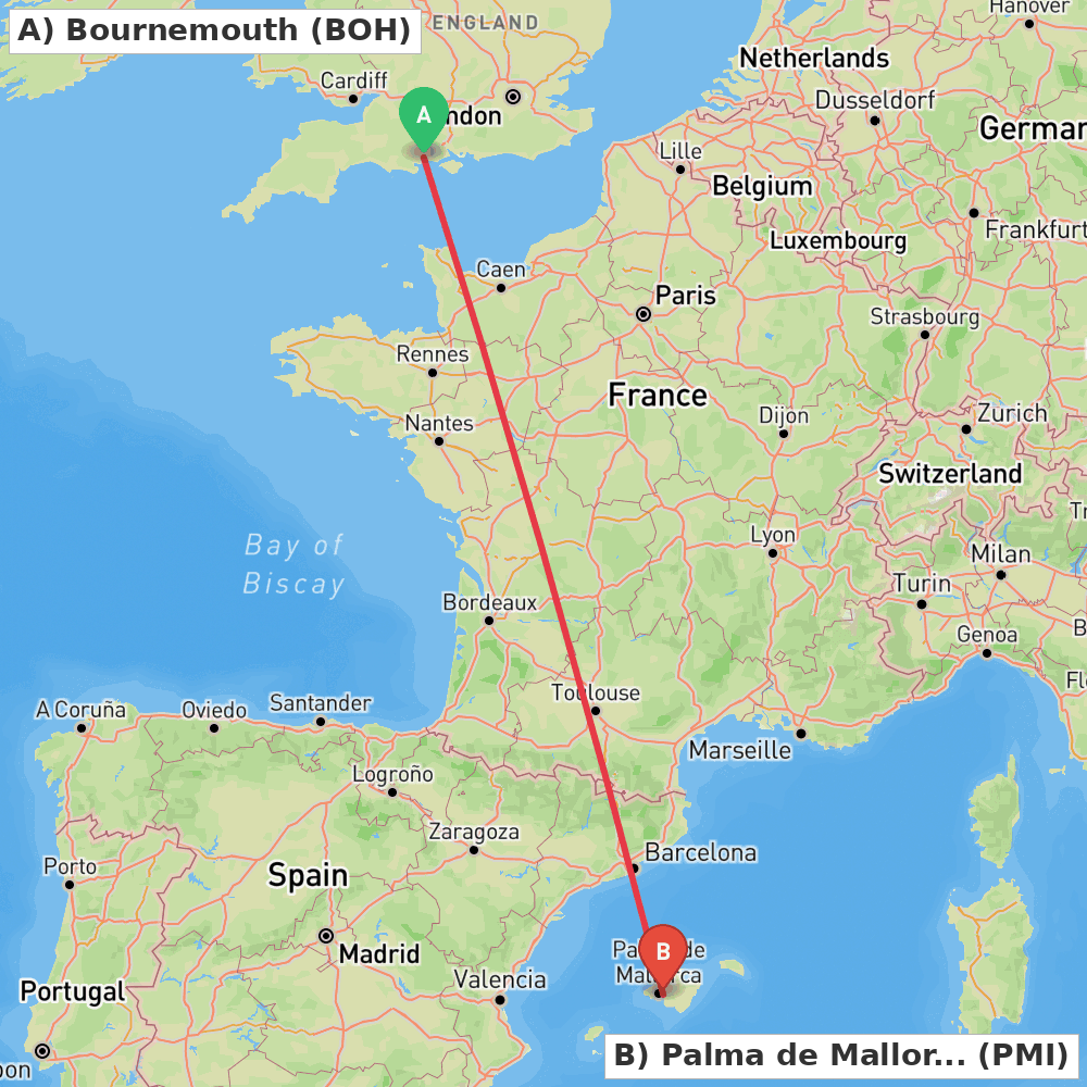 Flight route map from Bournemouth to Palma de Mallorca