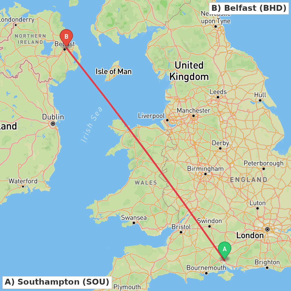 Flight route map from Southampton to Belfast