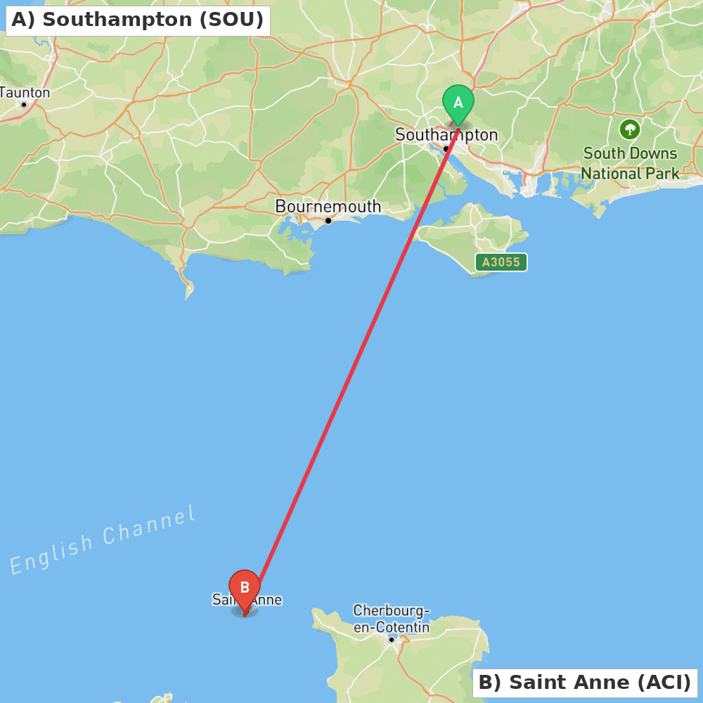 Flight route map from Southampton to Saint Anne