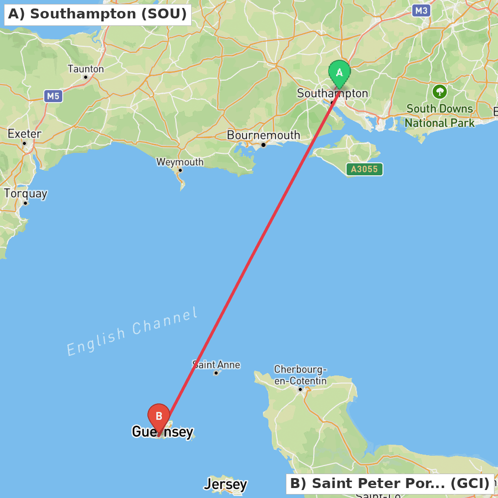 Flight route map from Southampton to Saint Peter Port