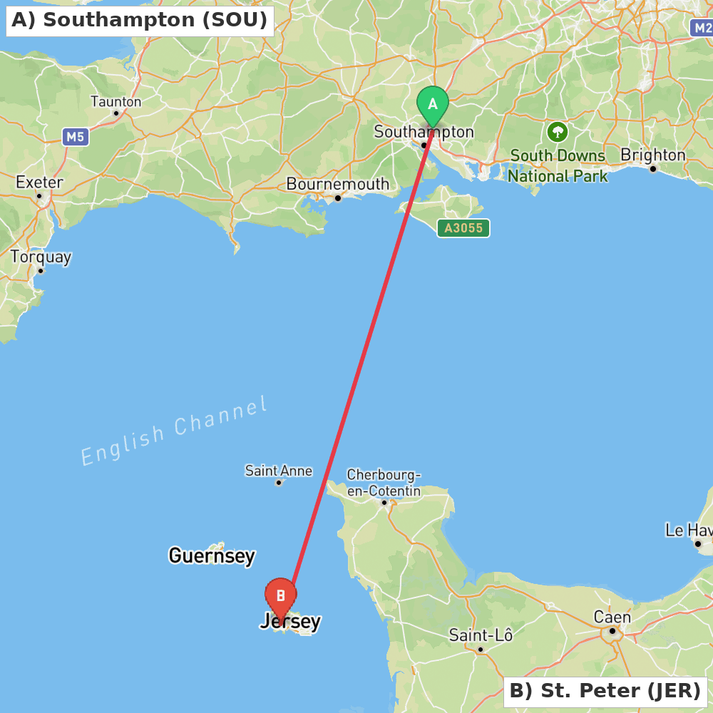 Flight route map from Southampton to St. Peter