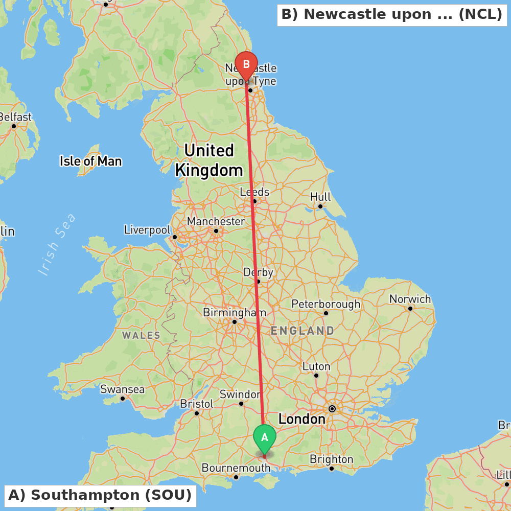 Flight route map from Southampton to Newcastle upon Tyne, Tyne and Wear