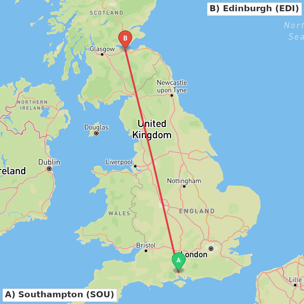 Flight route map from Southampton to Edinburgh