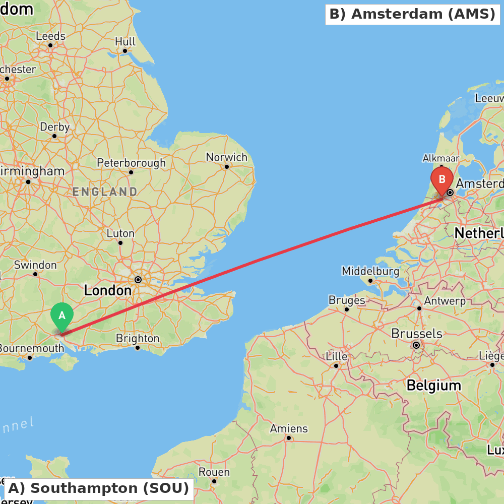 Flight route map from Southampton to Amsterdam
