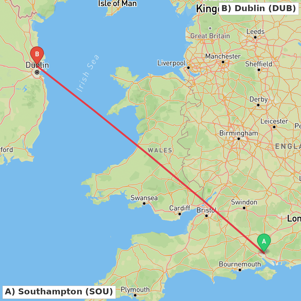 Flight route map from Southampton to Dublin