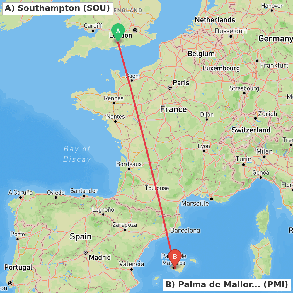 Flight route map from Southampton to Palma de Mallorca