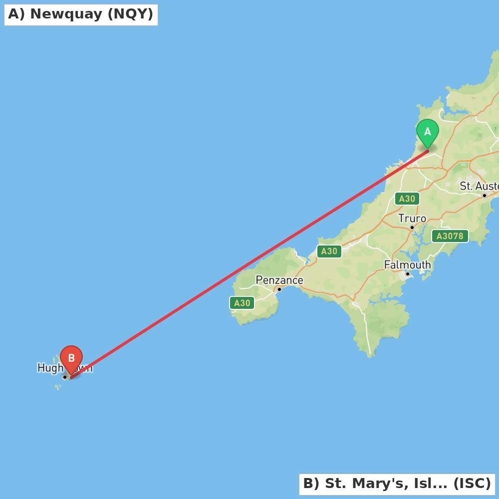 Flight route map from Newquay to St. Mary's, Isles of Scilly