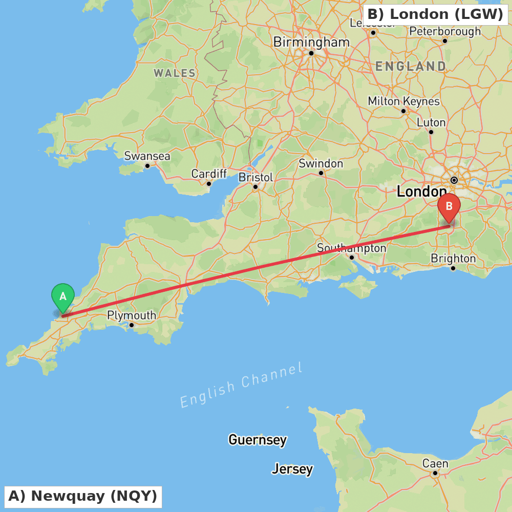 Flight route map from Newquay to London